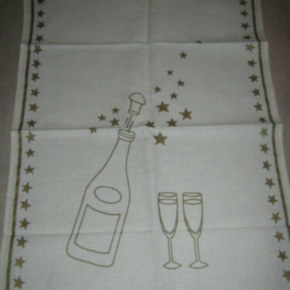 Linen Cotton Tea Towel Celebrate With Champagne Bottle & Glasses